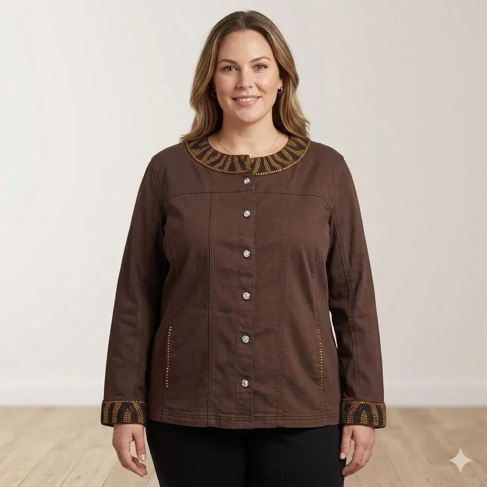 Quacker Factory Animal Chic Beaded Embellished Brown Jacket Size 2X